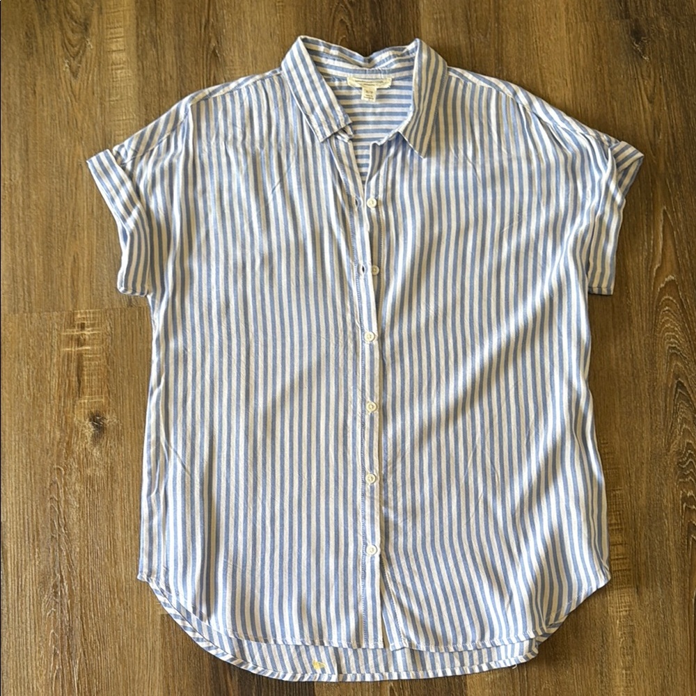 Blue and white striped short sleeve button down